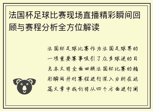 法国杯足球比赛现场直播精彩瞬间回顾与赛程分析全方位解读